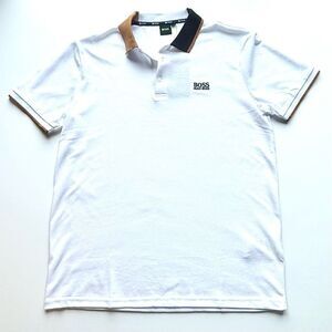 NWT Hugo Boss Paddy Pro Polo Shirt. White with black and brown contrasting tippi